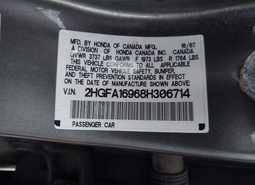 Photo 9 of 2008 Honda Civic EX-L (VIN 2HGFA16968H306714)