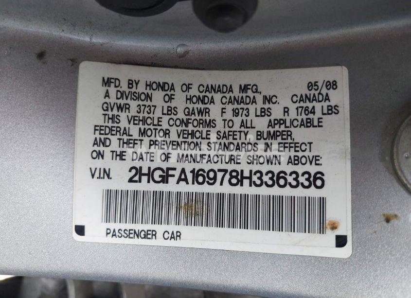 Photo 9 of 2008 Honda Civic EX-L (VIN 2HGFA16978H336336)