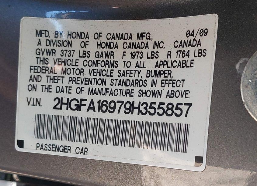 Photo 9 of 2009 Honda Civic EX-L (VIN 2HGFA16979H355857)