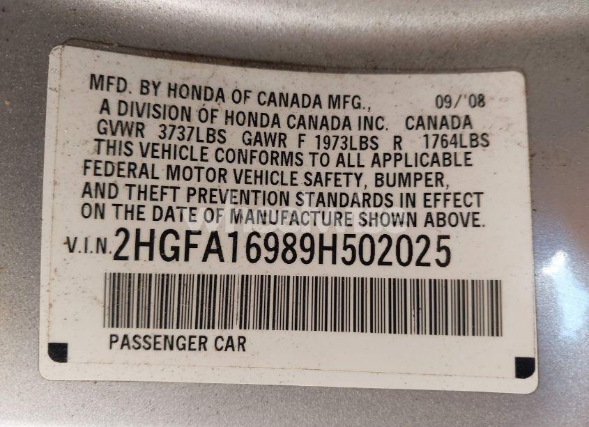 Photo 9 of 2009 Honda Civic EX-L (VIN 2HGFA16989H502025)