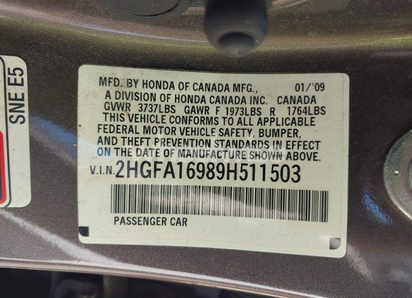 Photo 9 of 2009 Honda Civic EX-L (VIN 2HGFA16989H511503)