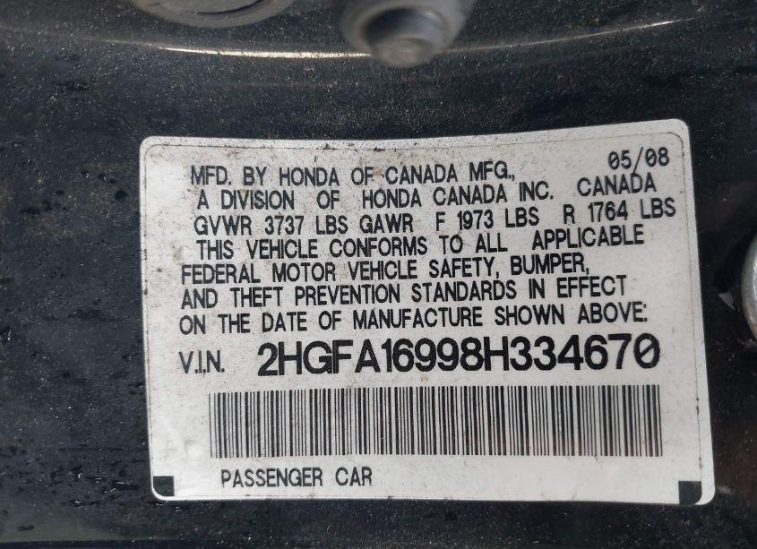 Photo 9 of 2008 Honda Civic EX-L (VIN 2HGFA16998H334670)