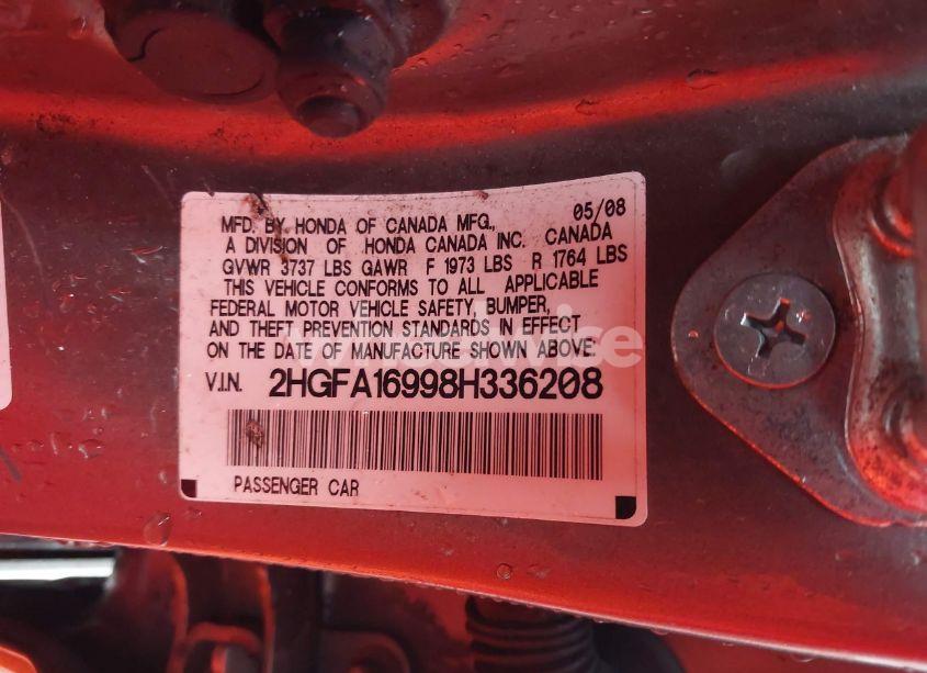 Photo 9 of 2008 Honda Civic EX-L (VIN 2HGFA16998H336208)