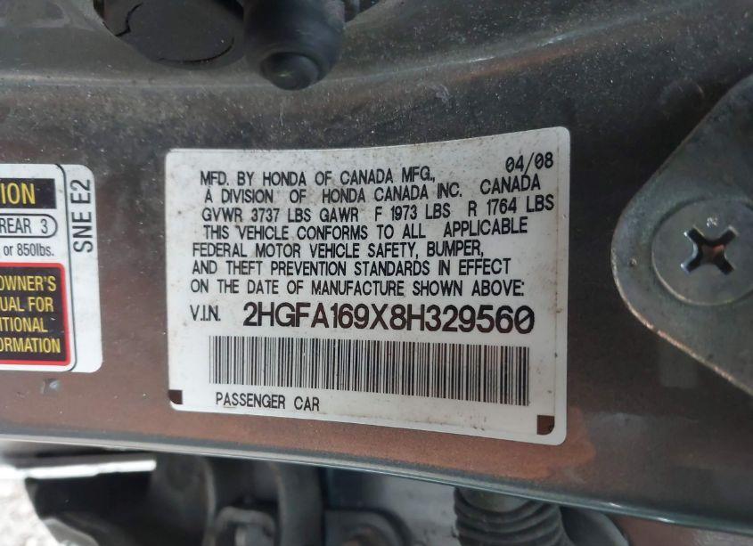 Photo 9 of 2008 Honda Civic EX-L (VIN 2HGFA169X8H329560)