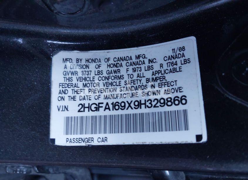 Photo 9 of 2009 Honda Civic EX-L (VIN 2HGFA169X9H329866)