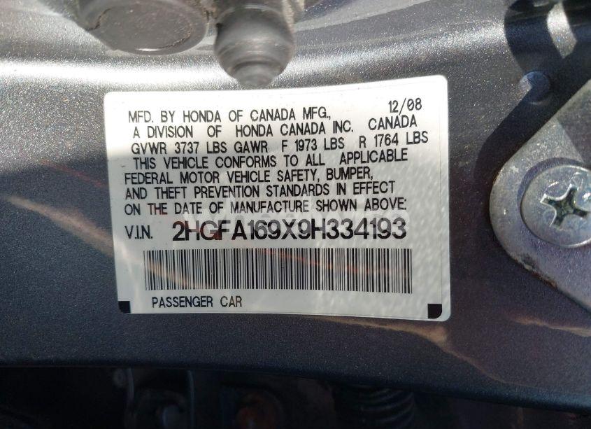 Photo 9 of 2009 Honda Civic EX-L (VIN 2HGFA169X9H334193)