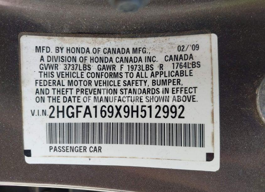 Photo 9 of 2009 Honda Civic EX-L (VIN 2HGFA169X9H512992)