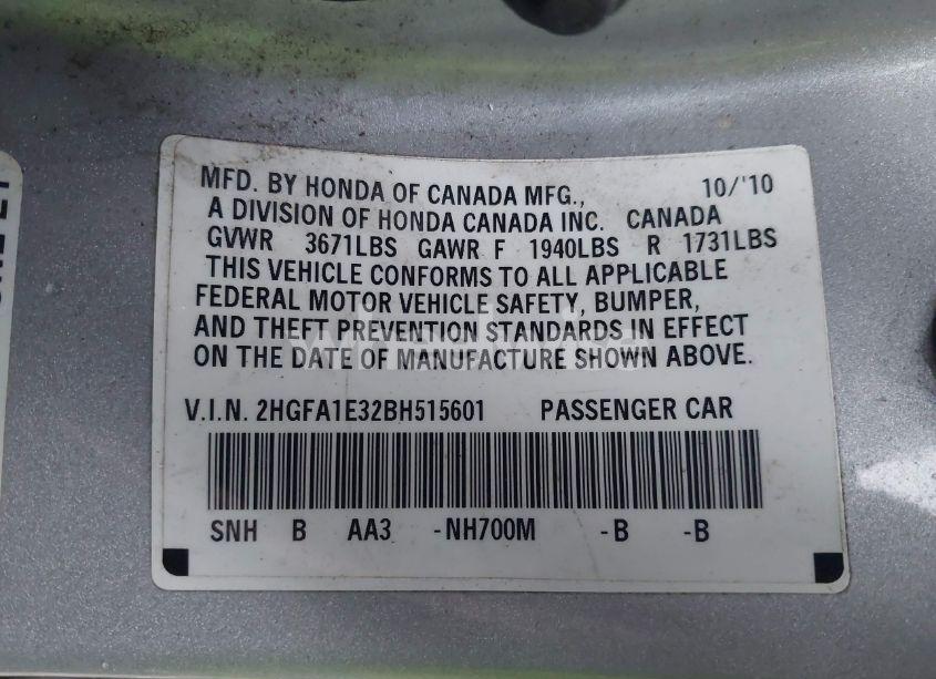 Photo 9 of 2011 Honda Civic VP (VIN 2HGFA1E32BH515601)