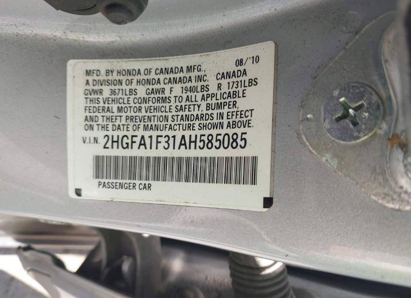 Photo 9 of 2010 Honda Civic VP (VIN 2HGFA1F31AH585085)