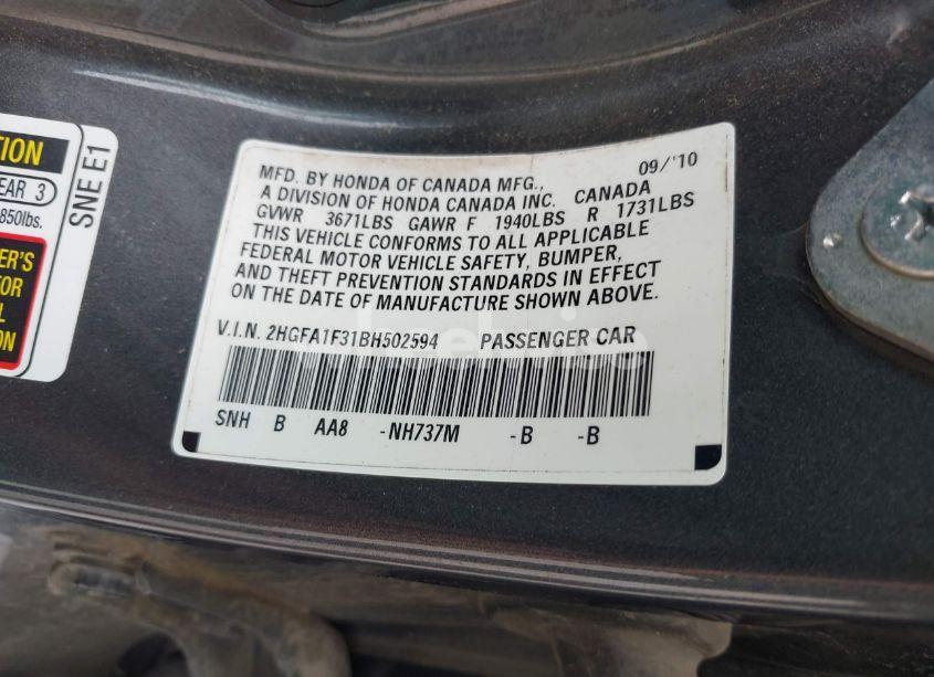 Photo 9 of 2011 Honda Civic VP (VIN 2HGFA1F31BH502594)