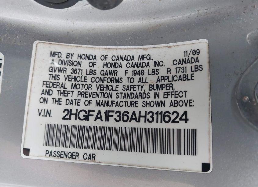 Photo 9 of 2010 Honda Civic VP (VIN 2HGFA1F36AH311624)