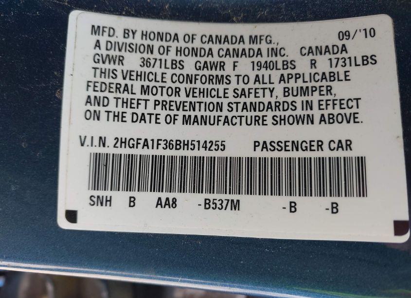 Photo 9 of 2011 Honda Civic VP (VIN 2HGFA1F36BH514255)