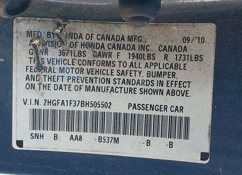 Photo 9 of 2011 Honda Civic VP (VIN 2HGFA1F37BH505502)