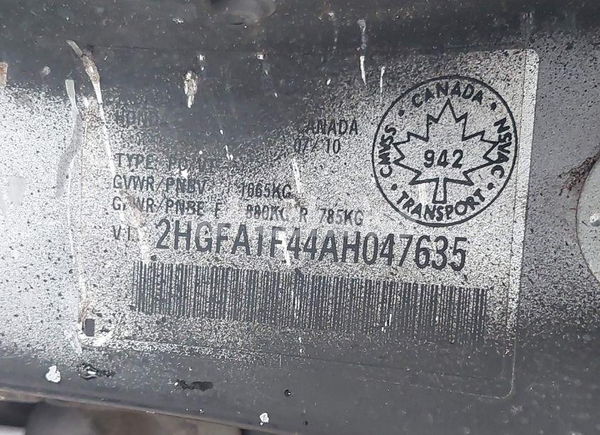 Photo 9 of 2010 Honda Civic DX-G (VIN 2HGFA1F44AH047635)