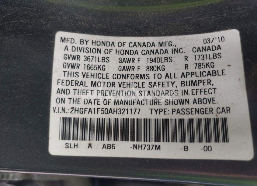 Photo 9 of 2010 Honda Civic LX (VIN 2HGFA1F50AH321177)