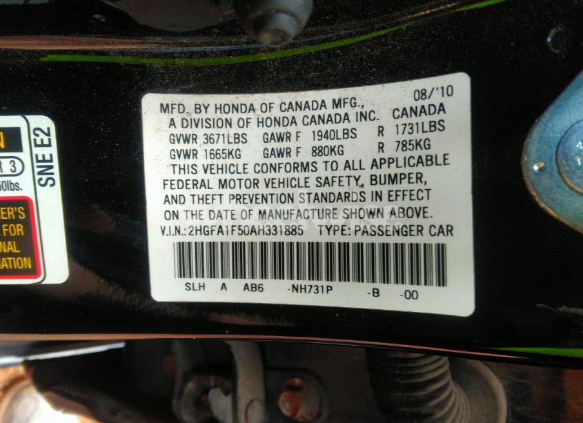 Photo 9 of 2010 Honda Civic LX (VIN 2HGFA1F50AH331885)