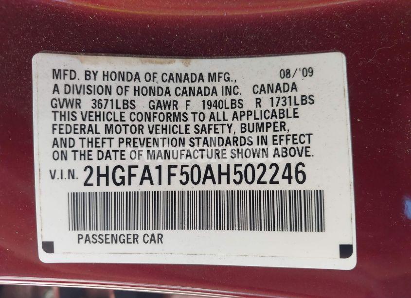 Photo 9 of 2010 Honda Civic LX (VIN 2HGFA1F50AH502246)