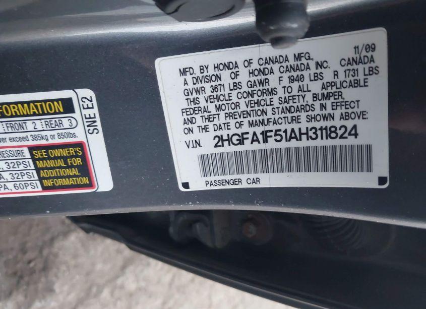 Photo 9 of 2010 Honda Civic LX (VIN 2HGFA1F51AH311824)