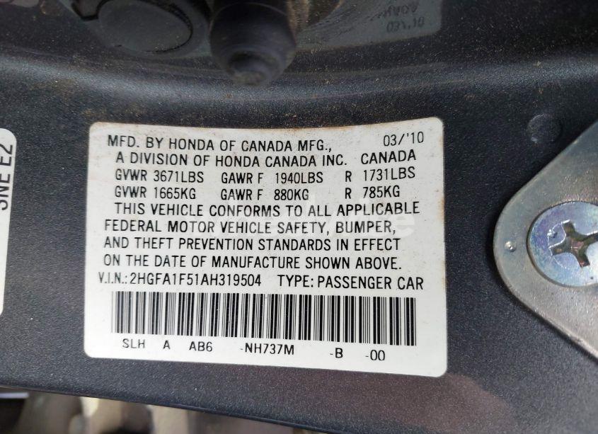 Photo 9 of 2010 Honda Civic LX (VIN 2HGFA1F51AH319504)