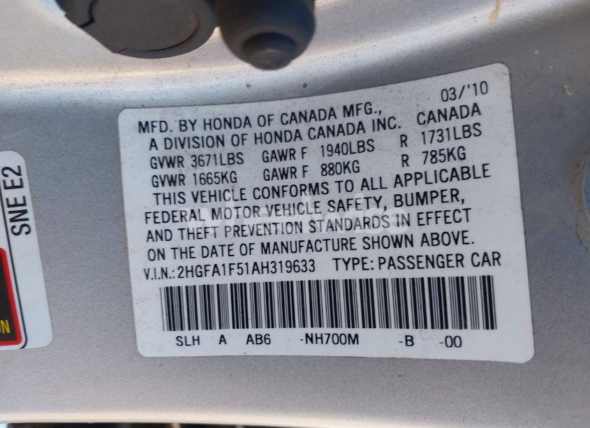 Photo 9 of 2010 Honda Civic LX (VIN 2HGFA1F51AH319633)