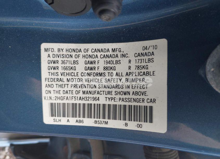 Photo 9 of 2010 Honda Civic LX (VIN 2HGFA1F51AH321964)