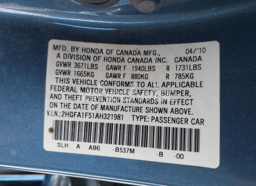 Photo 9 of 2010 Honda Civic LX (VIN 2HGFA1F51AH321981)