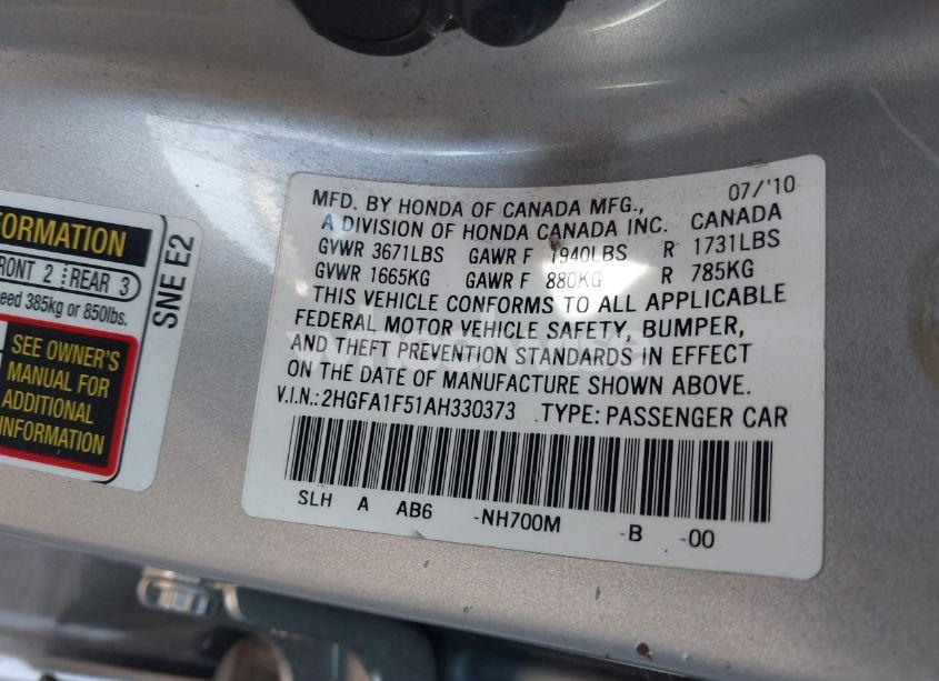 Photo 9 of 2010 Honda Civic LX (VIN 2HGFA1F51AH330373)