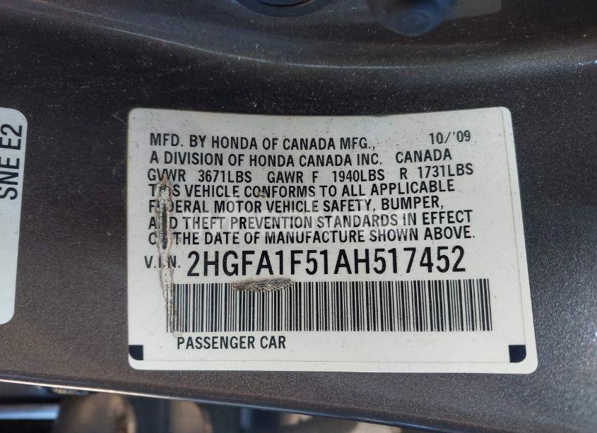 Photo 9 of 2010 Honda Civic LX (VIN 2HGFA1F51AH517452)