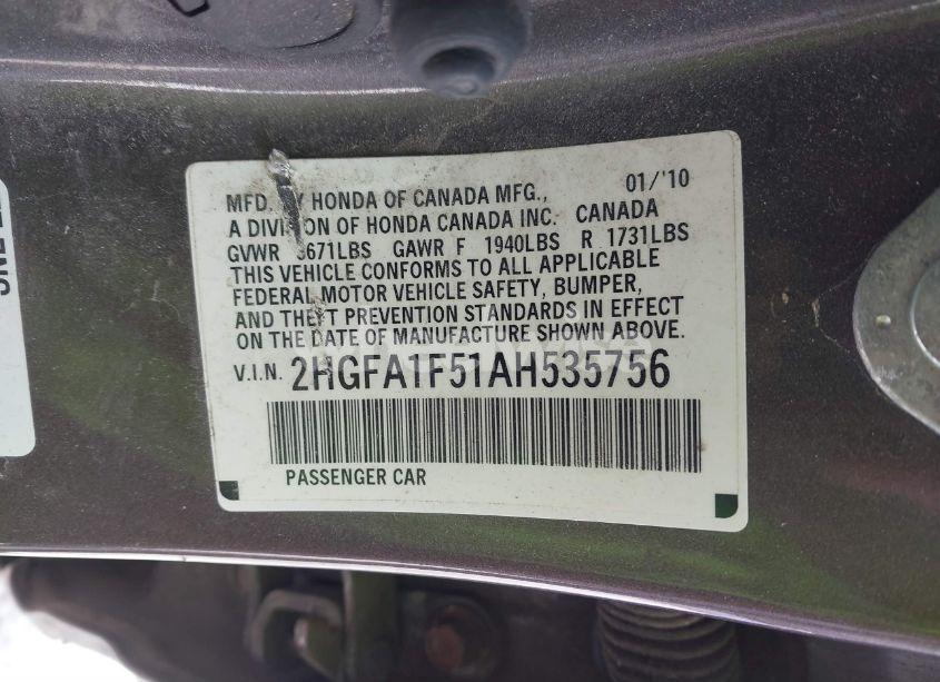 Photo 9 of 2010 Honda Civic LX (VIN 2HGFA1F51AH535756)