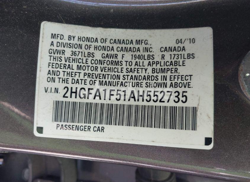 Photo 9 of 2010 Honda Civic LX (VIN 2HGFA1F51AH552735)