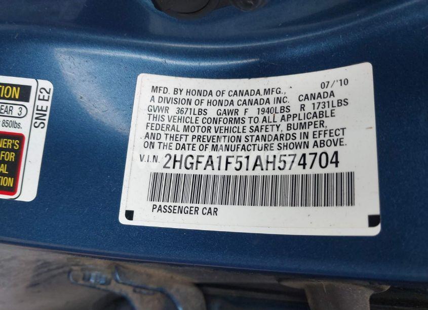 Photo 9 of 2010 Honda Civic LX (VIN 2HGFA1F51AH574704)