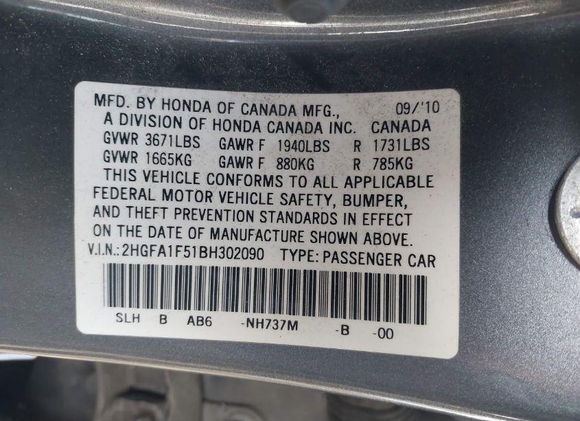 Photo 9 of 2011 Honda Civic LX (VIN 2HGFA1F51BH302090)