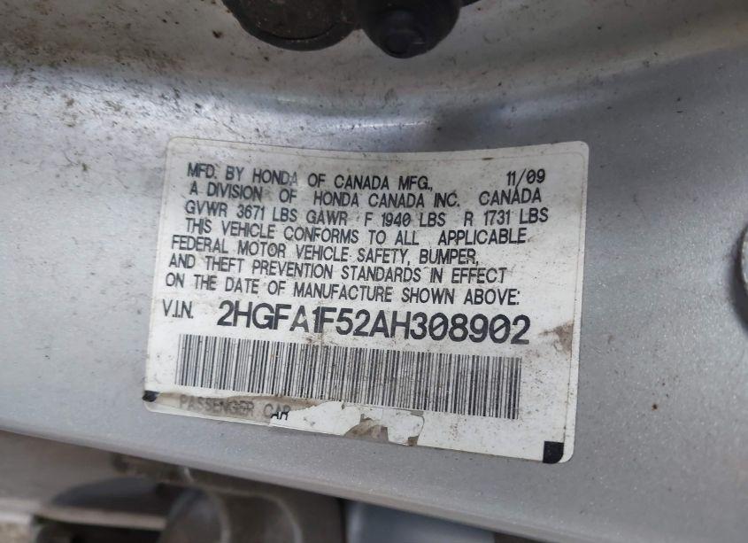 Photo 9 of 2010 Honda Civic LX (VIN 2HGFA1F52AH308902)