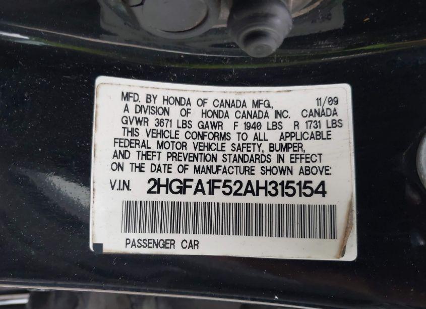 Photo 9 of 2010 Honda Civic LX (VIN 2HGFA1F52AH315154)