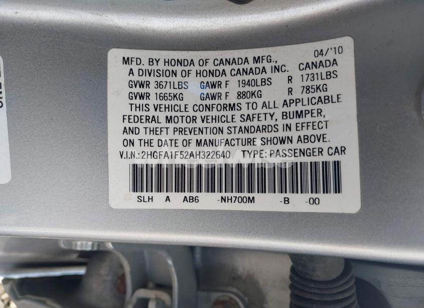 Photo 9 of 2010 Honda Civic LX (VIN 2HGFA1F52AH322640)