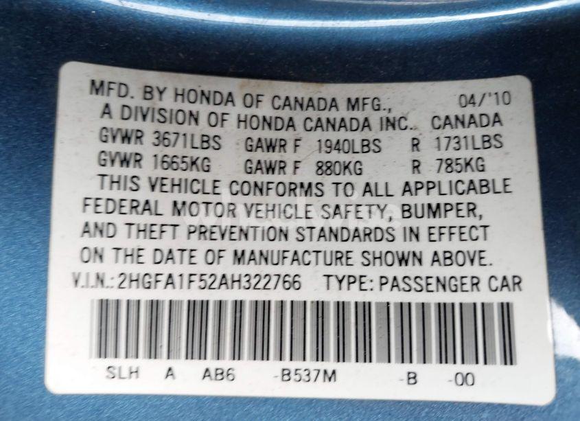 Photo 9 of 2010 Honda Civic LX (VIN 2HGFA1F52AH322766)