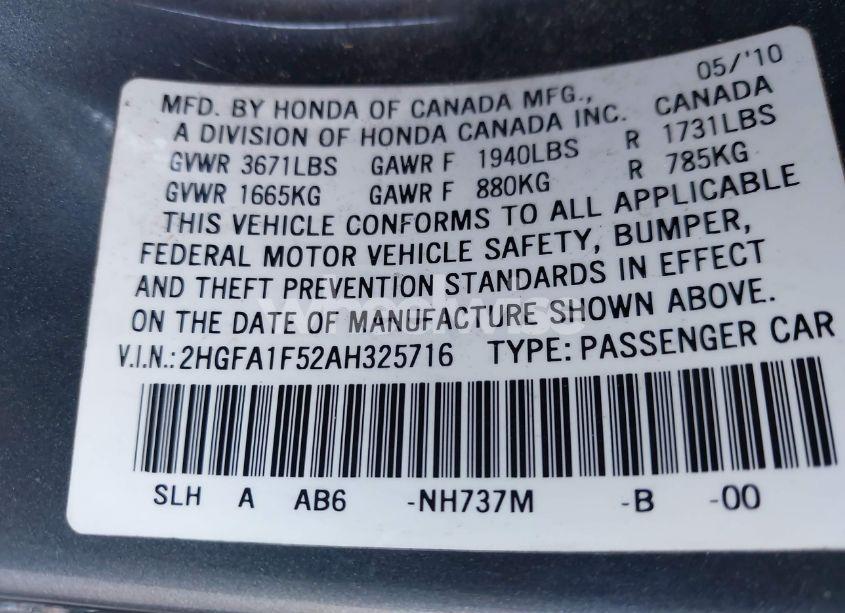 Photo 9 of 2010 Honda Civic LX (VIN 2HGFA1F52AH325716)