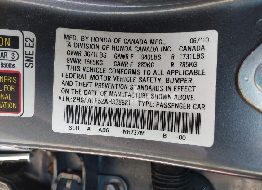 Photo 9 of 2010 Honda Civic LX (VIN 2HGFA1F52AH328681)