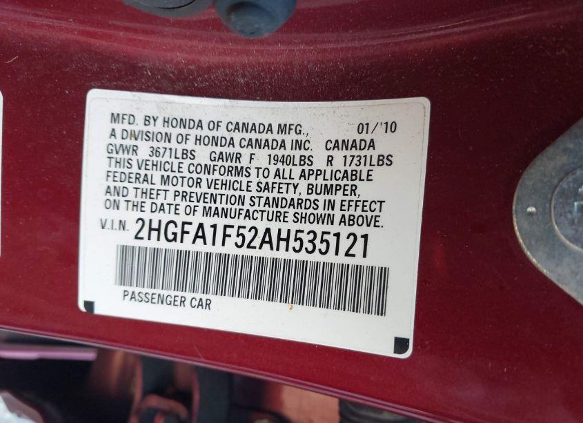 Photo 8 of 2010 Honda Civic LX (VIN 2HGFA1F52AH535121)