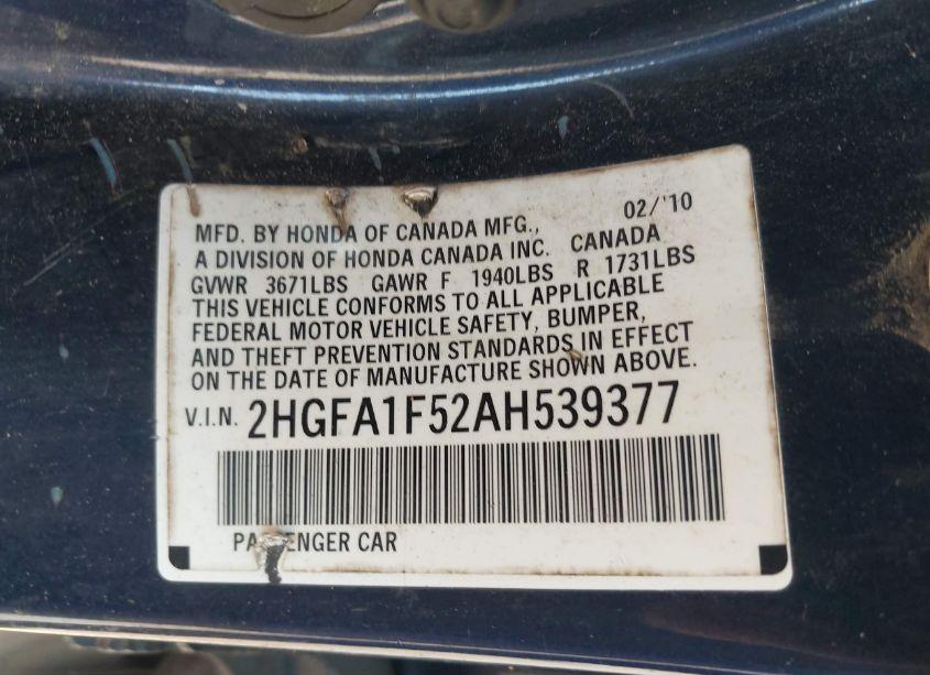 Photo 9 of 2010 Honda Civic LX (VIN 2HGFA1F52AH539377)