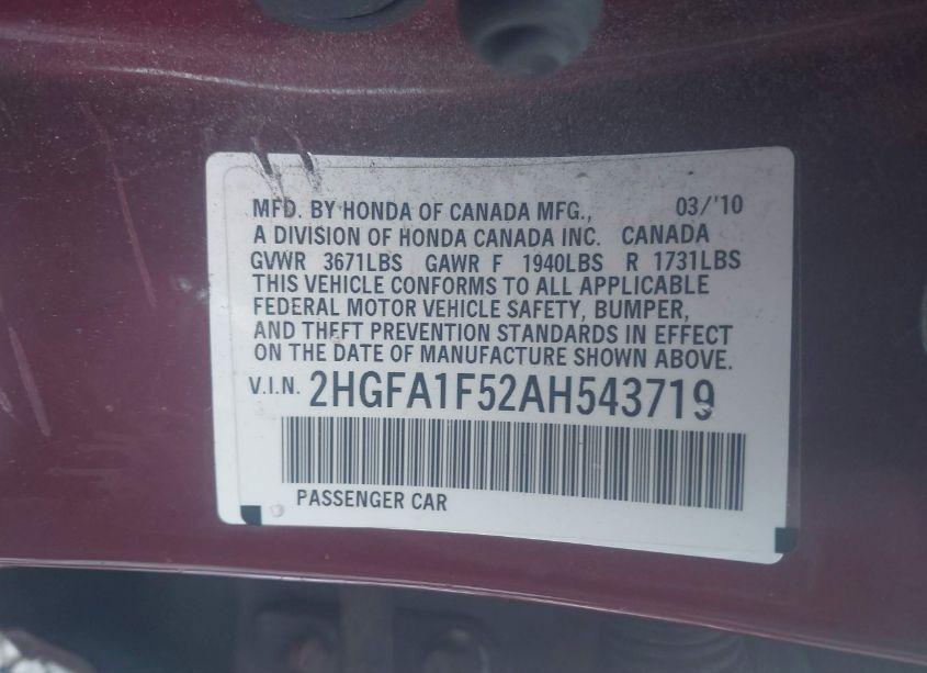 Photo 9 of 2010 Honda Civic LX (VIN 2HGFA1F52AH543719)