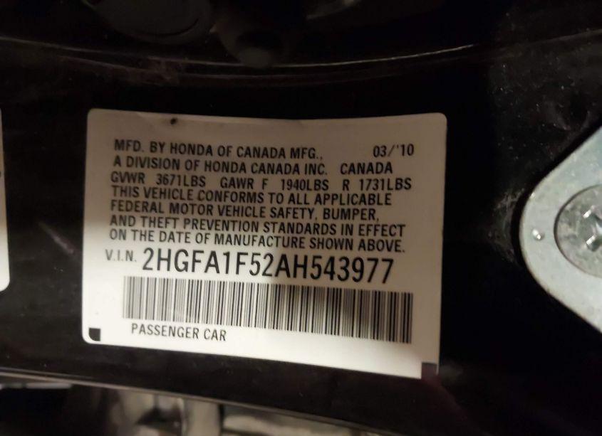 Photo 9 of 2010 Honda Civic LX (VIN 2HGFA1F52AH543977)