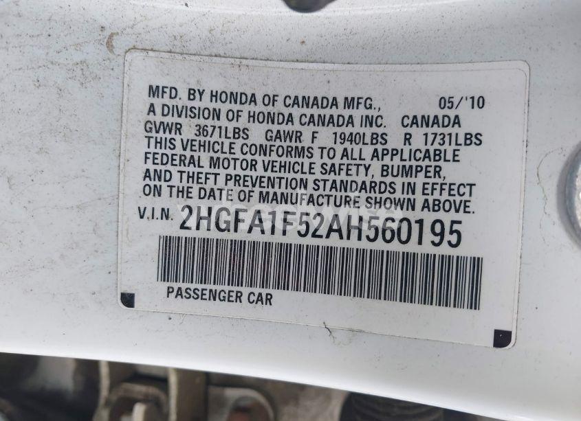 Photo 9 of 2010 Honda Civic LX (VIN 2HGFA1F52AH560195)