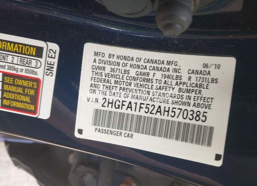 Photo 9 of 2010 Honda Civic LX (VIN 2HGFA1F52AH570385)