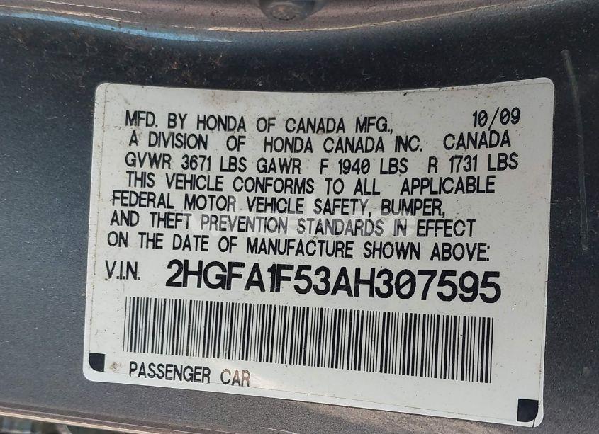 Photo 9 of 2010 Honda Civic LX (VIN 2HGFA1F53AH307595)