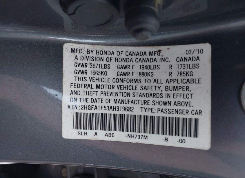 Photo 9 of 2010 Honda Civic LX (VIN 2HGFA1F53AH319682)