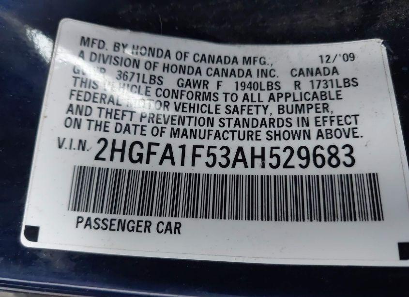 Photo 9 of 2010 Honda Civic LX (VIN 2HGFA1F53AH529683)