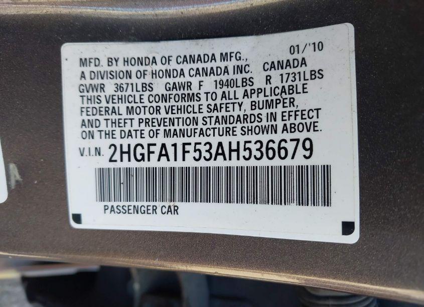 Photo 9 of 2010 Honda Civic LX (VIN 2HGFA1F53AH536679)