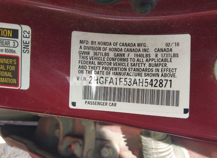 Photo 9 of 2010 Honda Civic LX (VIN 2HGFA1F53AH542871)