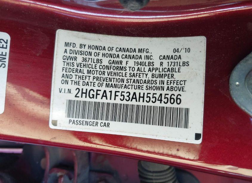 Photo 9 of 2010 Honda Civic LX (VIN 2HGFA1F53AH554566)